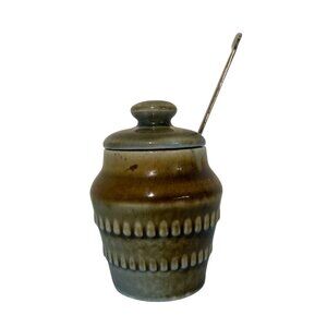 Vintage Wade Irish Porcelain Individual Mustard Pot With Spoon Raindrop Pattern